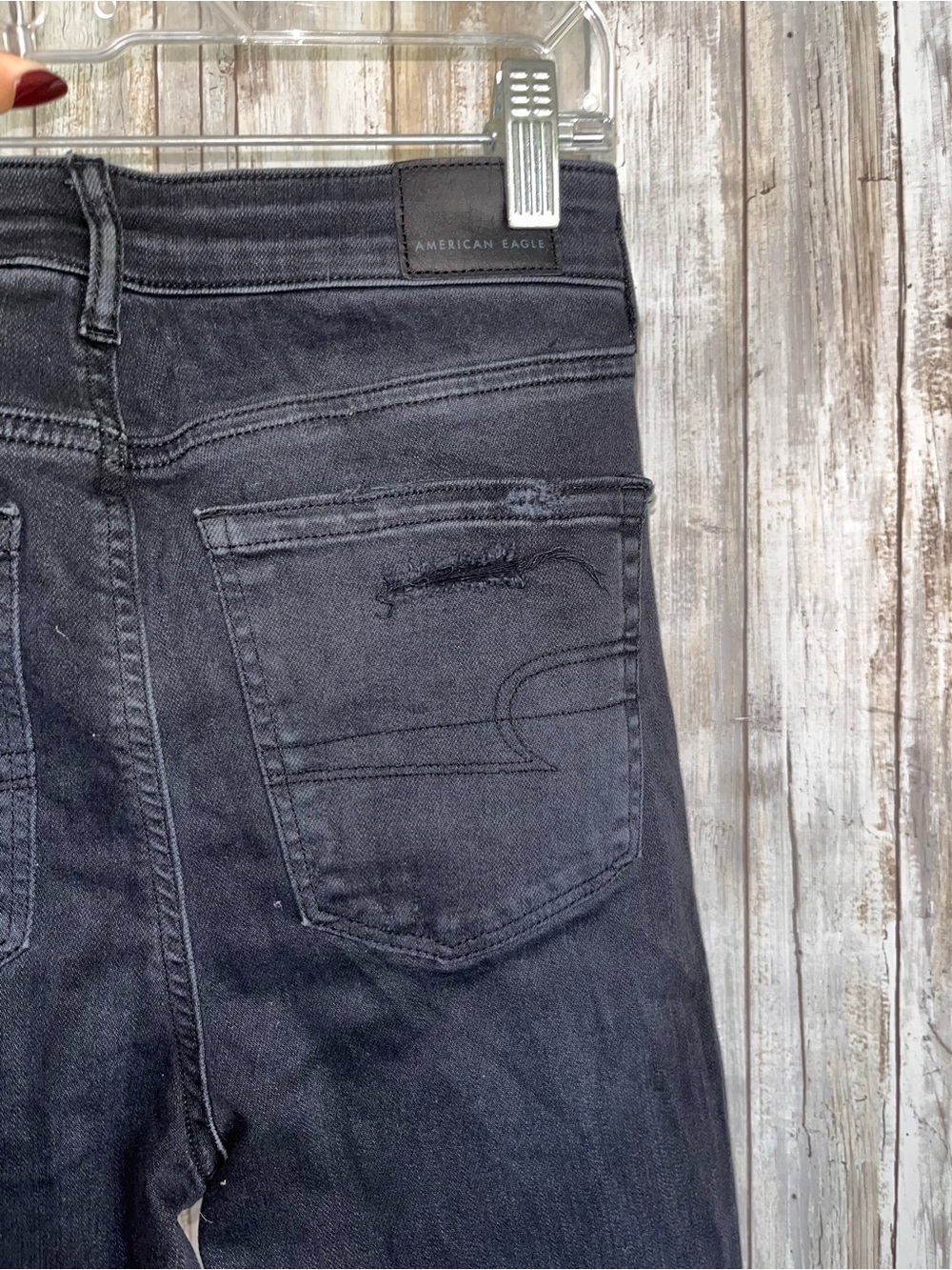 American Eagle Slim Straight Crop Jeans 2 Short Black Distressed Raw Hem - Picture 4 of 6